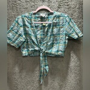 Dizzy Plaid Tie-Front Crop Top - Teal & Yellow
